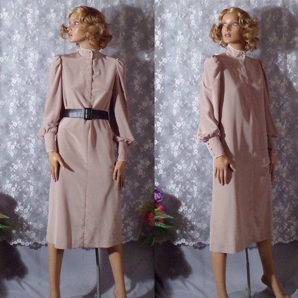 Vintage 80s Beige Dress Size Medium 1980s Retro Secretary Neutral Minimalist S/M
